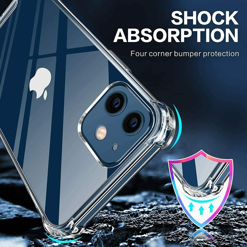 May include: A clear phone case with a raised bumper around the edges for shock absorption. The case is designed to protect the phone's camera lenses and screen. "Shock Absorption" and "Four corner bumper protection" are written in white text on a black background.