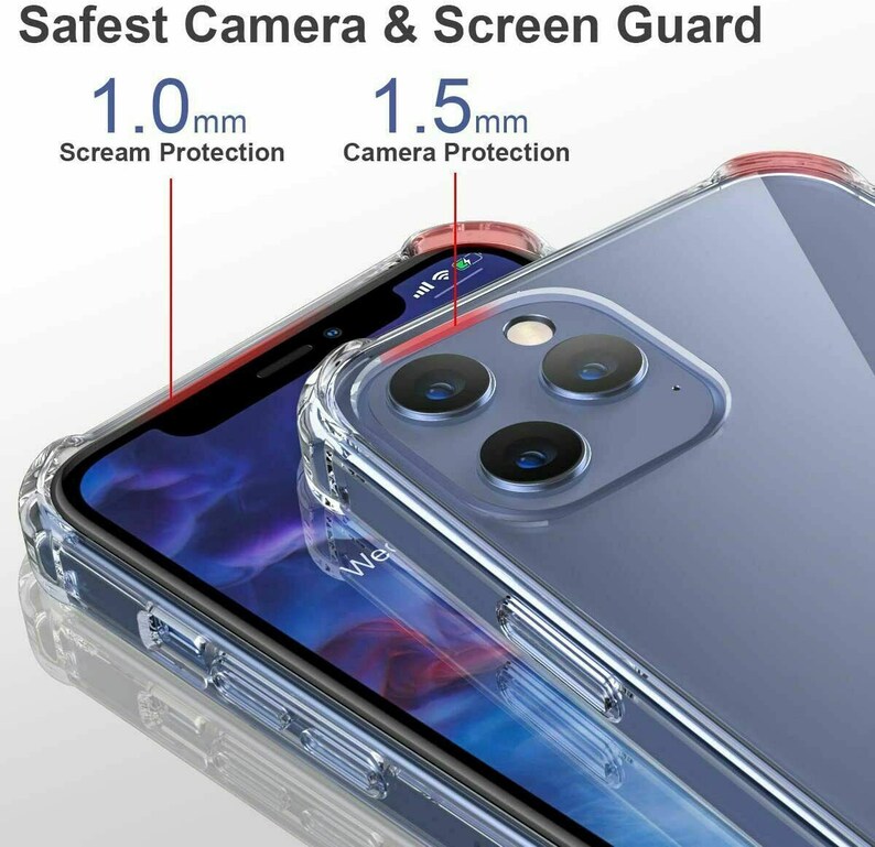 May include: A clear phone case with raised edges to protect the screen and camera. The case has a 1.0 mm screen protection and 1.5 mm camera protection.
