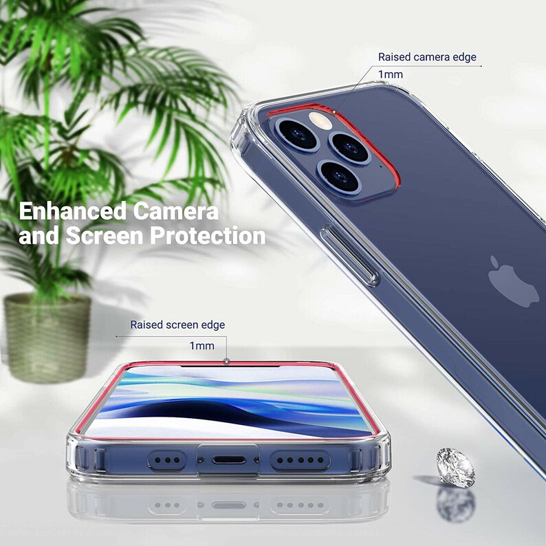 May include: A clear phone case with a raised edge around the camera and screen. The case is designed to protect the phone from scratches and drops. The case is shown on a white surface with a diamond next to it.
