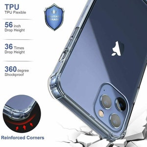 May include: A clear phone case with reinforced corners, designed to protect your phone from drops. The case is advertised as being able to withstand a 56-inch drop and 36 times the drop height. It also features a military grade rating and 360 degree shockproof protection.