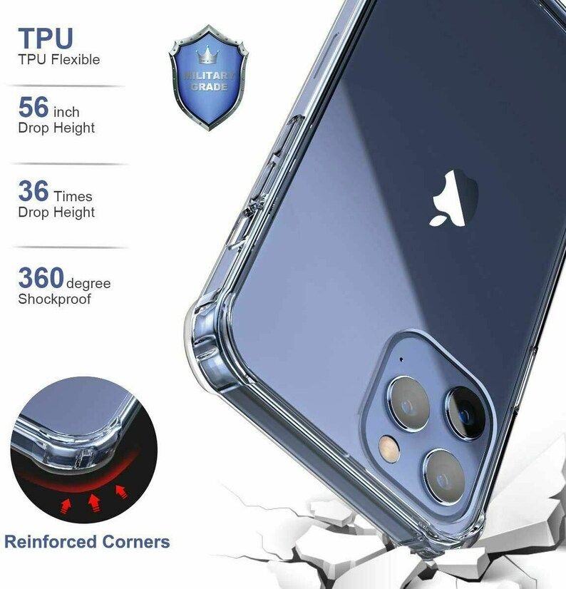 May include: A clear phone case with reinforced corners, designed to protect your phone from drops. The case is advertised as being able to withstand a 56-inch drop and 36 times the drop height. It also features a military grade rating and 360 degree shockproof protection.