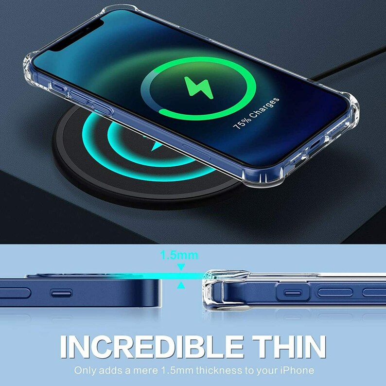 May include: A clear phone case with a blue phone inside. The phone is on a wireless charging pad and the screen shows a charging icon with the text "75% Charges". The case is 1.5mm thick and the text "INCREDIBLE THIN" is displayed below the image. The text "Only adds a mere 1.5mm thickness to your iPhone" is also displayed.