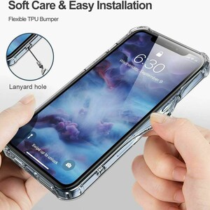 May include: A clear phone case with a flexible TPU bumper. The case has a lanyard hole and a clear back. The phone case is shown on a phone with a screen displaying the time and date.