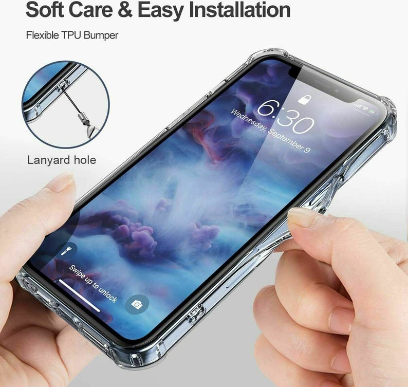 May include: A clear phone case with a flexible TPU bumper. The case has a lanyard hole and a clear back. The phone case is shown on a phone with a screen displaying the time and date.