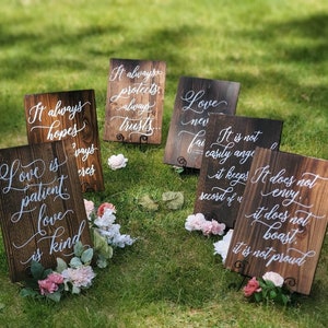 Wedding aisle signs/ 1 Corinthians 4-8/Wedding aisle decor/Wedding bible signs/Love is patient/Love is kind/Bible scripture sign/ Ceremony