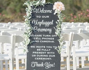 Signo de ceremonia de boda desconectado / letrero de boda de madera / sin teléfonos celulares o cámaras letrero / letrero de pasillo de boda / letrero de entrada de boda