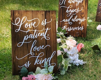 Wedding Aisle Signs Corinthians 13:4–8 -Wedding Aisle Decor-Wedding Bible Scripture Signs-Love is patient Love is kind Rustic Wedding Signs