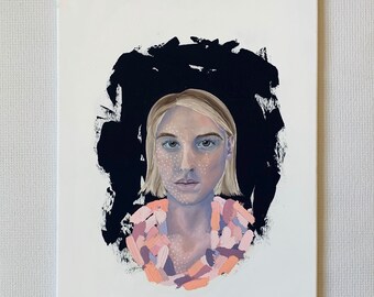 May include: A painting of a woman with short blonde hair. She is wearing a pink and purple patterned shirt. The background is black with white brushstrokes.