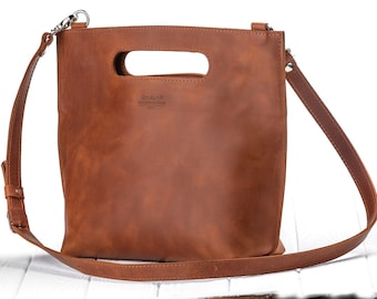 Handmade Cognac Leather Tote Bag: Crossbody Shoulder Bag