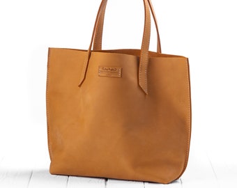 Handmade Yellow Leather Tote Bag: Small Casual Shopping Bag