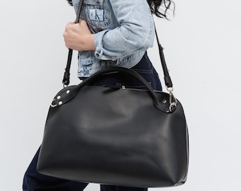 Handmade Black Leather Duffle Bag, Unisex Travel Weekender Overnight Carry-On