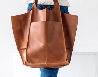 Cognacfarbene Hobo-Tasche, Shopping-Ledertasche, Einkaufstasche aus Leder, Leder-Einkaufstasche, Damen-Leder-Einkaufstasche, Damen-Umhängetasche, Echtleder-Einkaufstasche