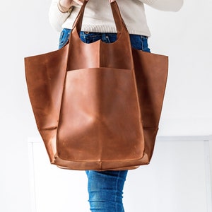 Cognac hobo bag, Shopping leather bag, Tote leather bag, Leather tote bag, Woman leather tote, Woman shoulder bag, Genuine leather tote image 1