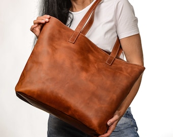 Large leather tote, Women's leather bag, Large leather bag, Cognac shoulder bag, Large shopper, Extra large bag, Gift, Gift for her