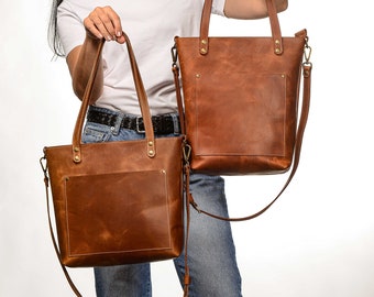 Cognac leather bag, Casual leather bag, Zippered tote bag, Shoulder woman bag, Woman shopping bag, Woman weekender bag, Woman leather tote