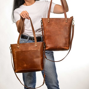 Cognac leather bag, Casual leather bag, Zippered tote bag, Shoulder woman bag, Woman shopping bag, Woman weekender bag, Woman leather tote