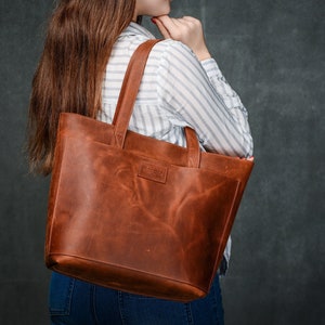 Cognac leather bag, Leather tote bag, Genuine leather tote, Shoulder leather bag, Shopping leather bag, Vintage leather tote, Gift for woman