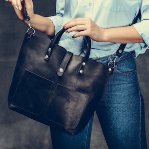 Black leather tote, Woman leather bag, Leather tote bag, Woman crossbody bag, Woman shoulder bag, Leather vintage tote, Woman weekender bag