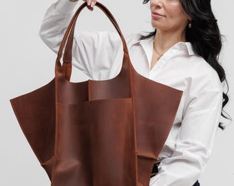 Bolsa Hobo Grande de Couro Feminina — Bolsa de Ombro Grande e Despojada, Comporta Laptop, Presente Personalizado para Ela