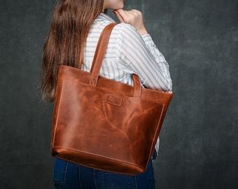 Cognac leather bag, Leather tote bag, Genuine leather tote, Shoulder leather bag, Shopping leather bag, Vintage leather tote, Gift for woman