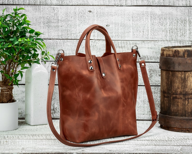 Cognac leather tote, Tote leather bag, Leather tote bag, Handmade leather bag, Shoulder leather bag, Leather laptop bag, Crossbody bag, Gift image 2