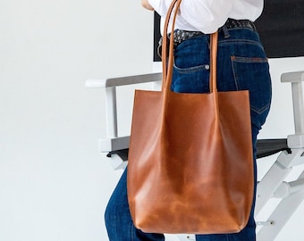 Tote leather bag, Small leather tote, Woman leather tote, Cognac tote bag, Woman shoulder bag, Genuine leather tote, Casual tote bag