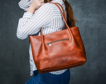 Cognac leather bag, Woman leather tote, Shopping leather bag, Leather travel tote, Woman weekender bag, Vintage leather tote, Shoulder bag