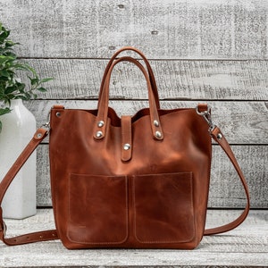 TOTE bag Cognac leather bag Leather bag Leather tote bag Handmade Bag for women Leather bag with two pockets Small leather shopping bag image 1