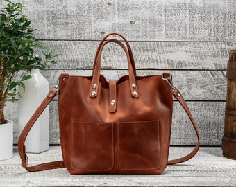 TOTE bag Cognac leather bag Leather bag Leather tote bag Handmade Bag for women Leather  bag with two pockets  Small leather shopping bag