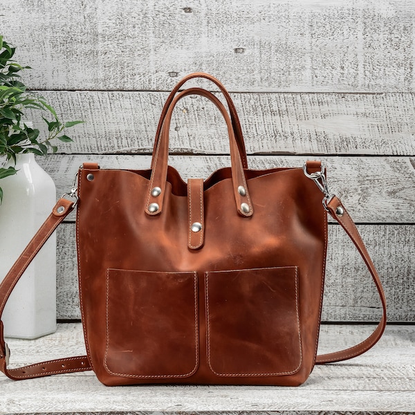 TOTE bag Cognac leather bag Leather bag Leather tote bag Handmade Bag for women Leather  bag with two pockets  Small leather shopping bag