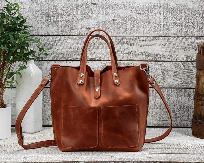 TOTE bag Cognac leather bag Leather bag Leather tote bag Handmade Bag for women Leather bag with two pockets Small leather shopping bag image 1