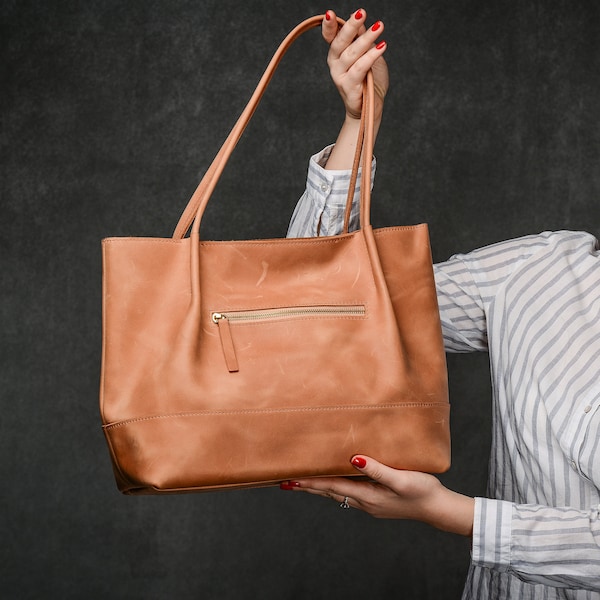 Caramel leather bag, Leather tote bag, Tote leather bag, Woman shoulder bag, Woman weekender bag, Vintage leather tote, Leather zippered bag