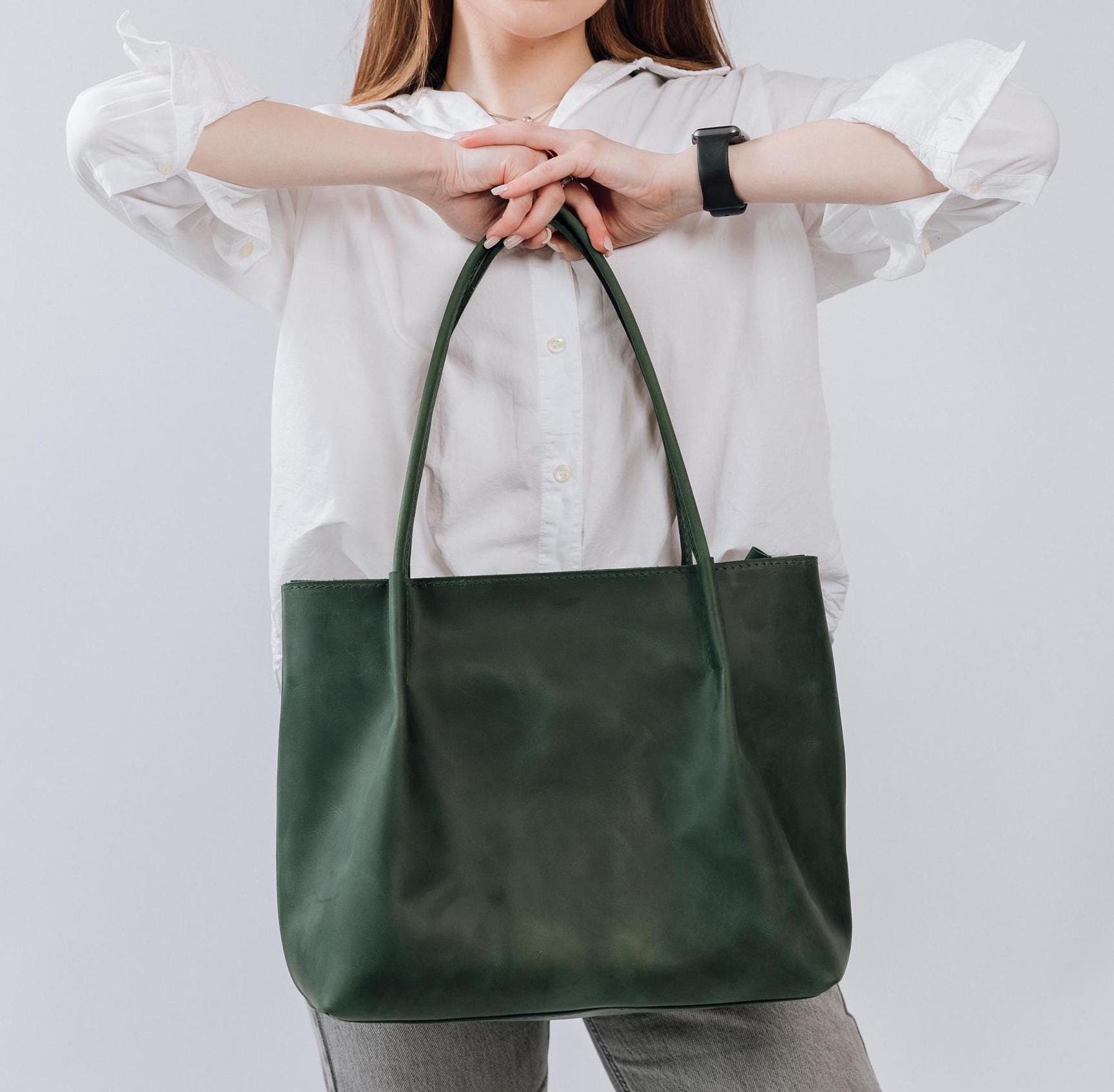 Handmade Green Leather Tote Bag: Zippered Shopping Purse - Etsy