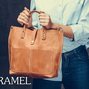 TOTE bag Cognac leather bag Leather bag Leather tote bag Handmade Bag for women Leather bag with two pockets Small leather shopping bag image 5