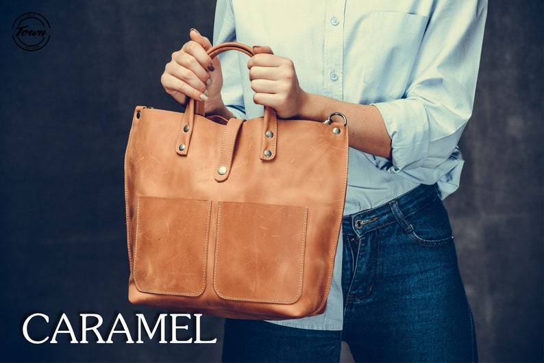 TOTE bag Cognac leather bag Leather bag Leather tote bag Handmade Bag for women Leather bag with two pockets Small leather shopping bag image 5