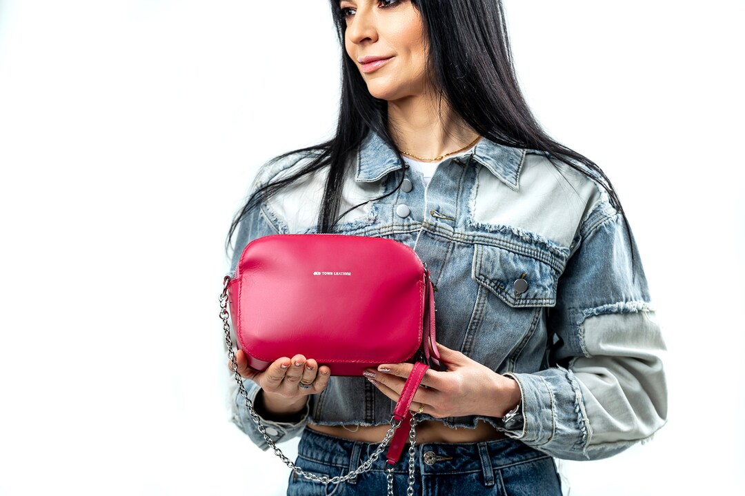 Leather Bag, Shoulder Bag, Raspberry Handbag, Small Handbag, Zippered Handbag, Women's Handbag