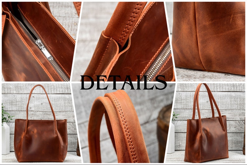 Caramel leather bag, Leather tote bag, Tote leather bag, Woman shoulder bag, Woman weekender bag, Vintage leather tote, Leather zippered bag image 3