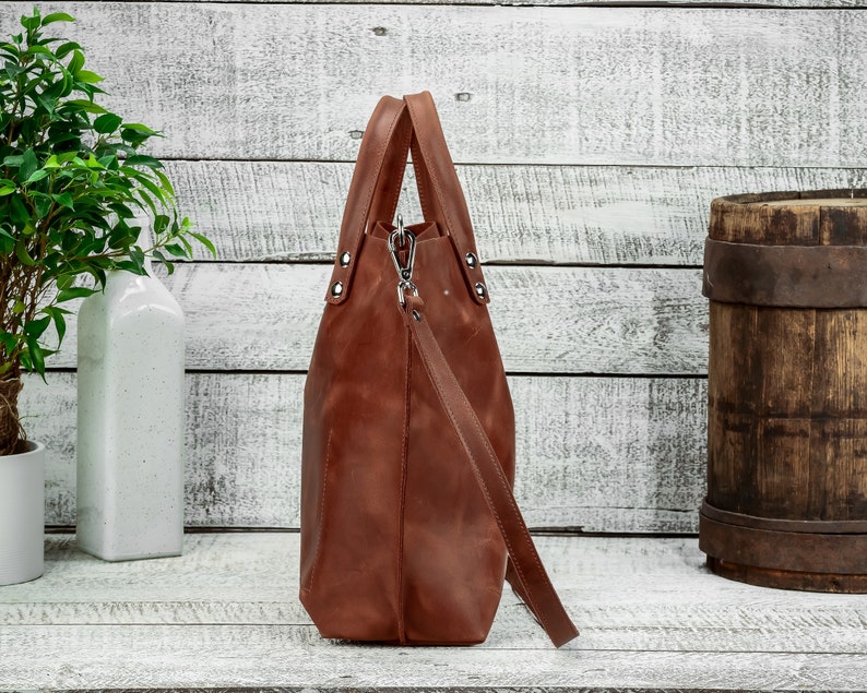 Cognac leather tote, Tote leather bag, Leather tote bag, Handmade leather bag, Shoulder leather bag, Leather laptop bag, Crossbody bag, Gift image 3