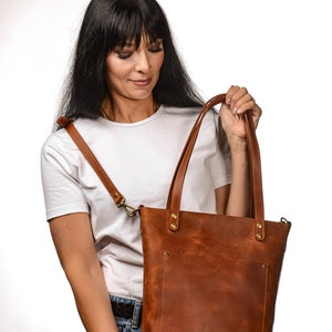 Cognac Leather Bag Casual Leather Bag Zippered Tote Bag - Etsy