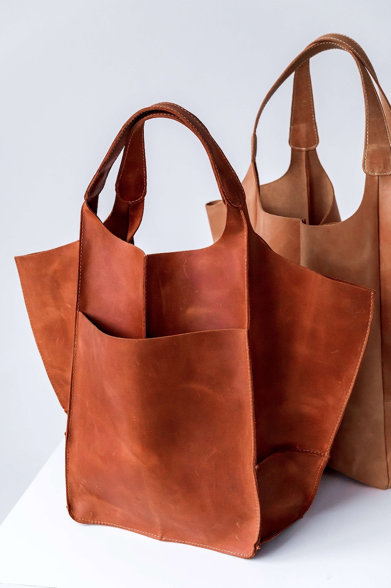 Cognac hobo bag, Shopping leather bag, Tote leather bag, Leather tote bag, Woman leather tote, Woman shoulder bag, Genuine leather tote image 2