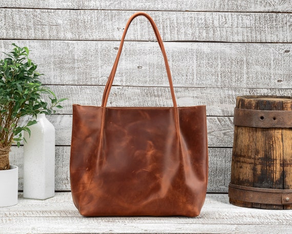 Cognac leather tote Woman leather bag Leather tote bag Tote | Etsy