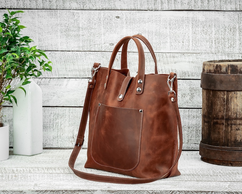 Cognac leather tote, Tote leather bag, Leather tote bag, Handmade leather bag, Shoulder leather bag, Personalized bag, Crossbody bag, Gift image 2