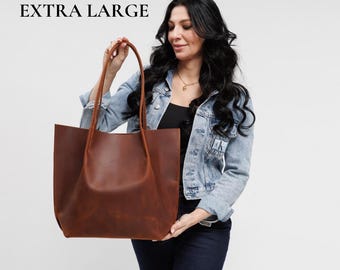Extra Large Leather Work Tote Bag, Minimalist Laptop Shopper Shoulder Bag