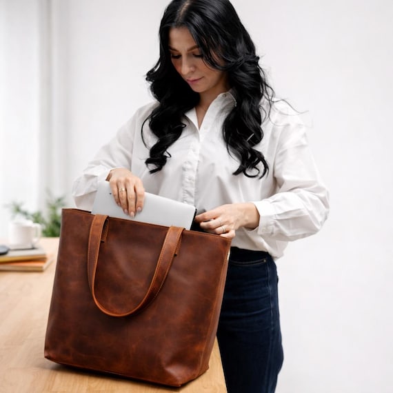 Large Leather Shopper Bag for Women — Oversized Work & Travel Tote, Fits 15 Inch Laptop, Personalized Gift
