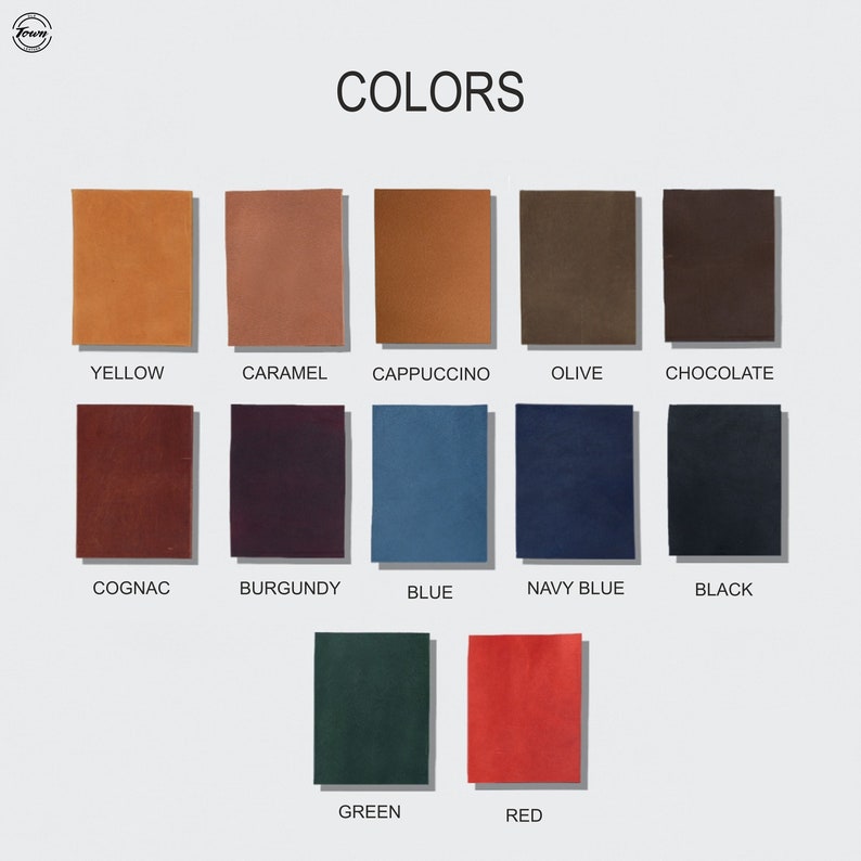 Pu&ograve; includere: Una cartella colori che mostra 12 diversi colori di pelle, tra cui giallo, caramello, cappuccino, oliva, cioccolato, cognac, bordeaux, blu, blu navy, nero, verde e rosso.