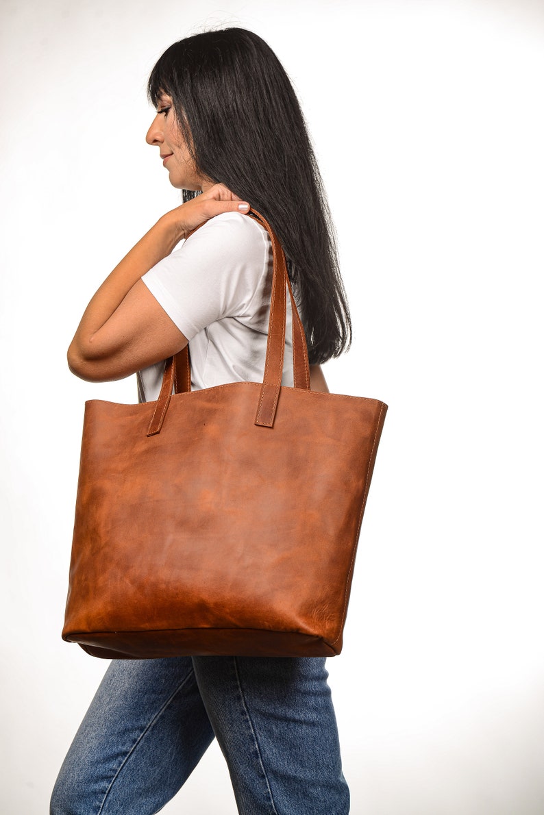 Large leather tote, Women's leather bag, Large leather bag, Cognac shoulder bag, Large shopper, Extra large bag, Gift, Gift for her image 3