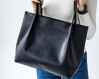 Zwarte leren tas, Vrouw lederen tas, Lederen tote tas, Tote lederen tas, Lederen boodschappentas, Vrouw schoudertas, Vrouw lederen tas