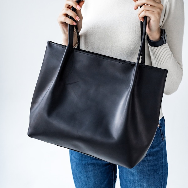 Black leather tote, Woman leather bag, Leather tote bag, Tote leather bag, Leather shopping bag, Woman shoulder bag, Woman leather purse