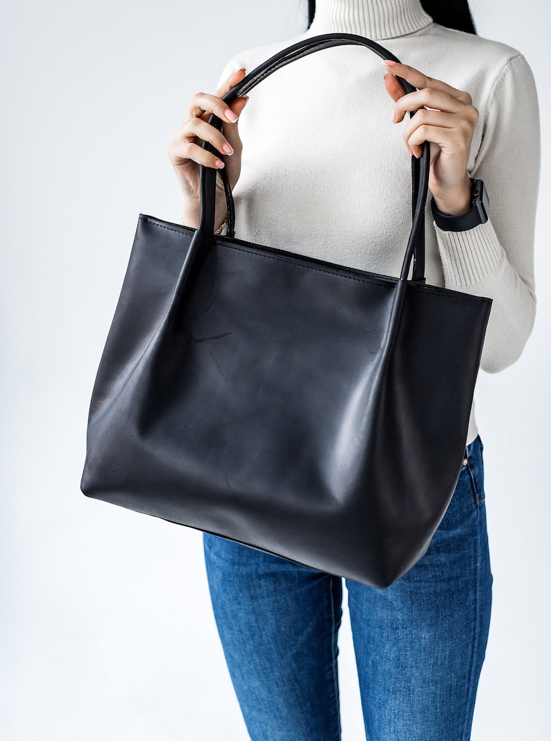Black leather tote, Woman leather bag, Leather tote bag, Tote leather bag, Leather shopping bag, Woman shoulder bag, Woman leather purse image 1