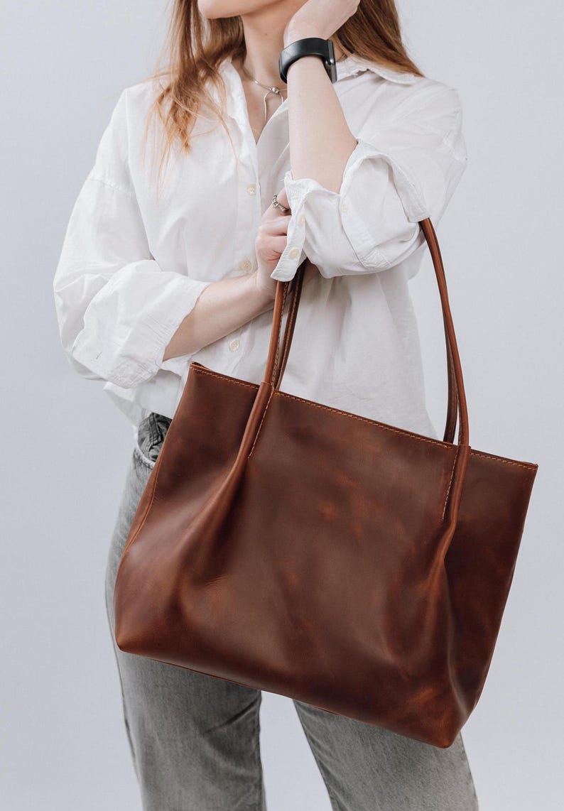 Cognac leather tote, Woman leather bag, Leather tote bag, Tote leather bag, Leather shopping bag, Woman shoulder bag, Woman leather purse image 1
